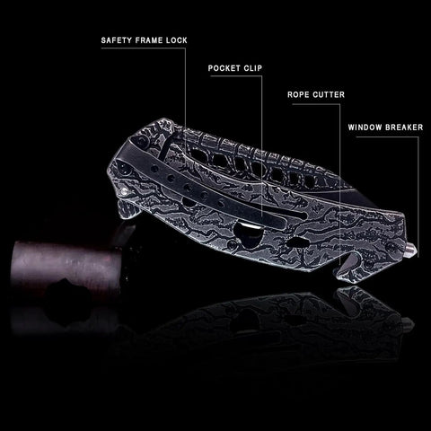 Pocket Folding Knife With 3D Skull Embossed Handle And Razor Sharp 440 Stainless Steel Blade, closed with safety lock and features