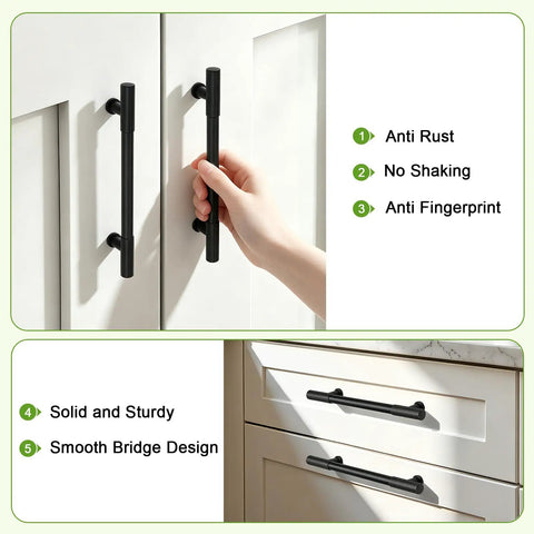 Hand holding 10 Pack 5 Inch Matte Black Cabinet Handles And Drawer Pulls With 128mm Hole Centers Solid Rust Resistant Hardware