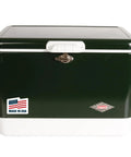 Front view of Vintage 54 Quart Steel Belted Cooler with Have A Seat Lid Ice Lasts Up To Four Days Fits 85 Cans Drain Rust Resistant Hardware