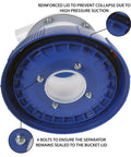 Assembled Quick Click Dust Collection Separator With Tough Five Gallon Locking Barrel And Ten Foot Commercial Hose detail of reinforced lid with bolts.