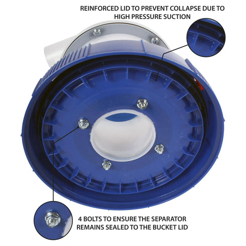 Assembled Quick Click Dust Collection Separator With Tough Five Gallon Locking Barrel And Ten Foot Commercial Hose detail of reinforced lid with bolts.