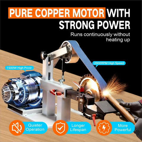 Beefy 2x72 Inch Belt Grinder Sander with Variable Speed Drive 1500W 2HP Motor shown grinding metal