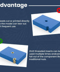 Diagram showing difference between direct threads and using a brass heat set threaded insert in 3D printed models for strength
