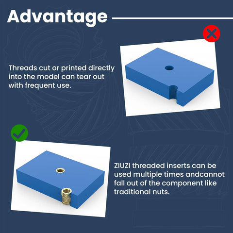 Diagram showing difference between direct threads and using a brass heat set threaded insert in 3D printed models for strength