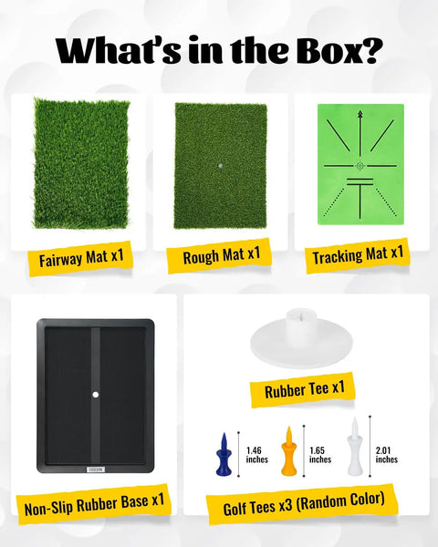 Components of Three In One Golf Hitting Mat For Simulators Nets And Home Practice, including turf mats, rubber base, and tees.