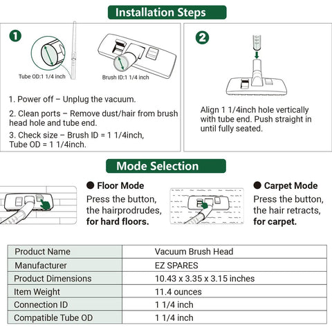 Installation and mode selection guide for One And One Quarter Inch Vacuum Floor Brush With Two In One Head For Hard Floors And Carpets