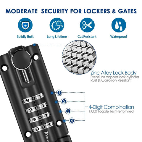 Tough As Nails Four Digit Combination Sliding Bolt Lock For Outdoor Gate Shed And Garage, showcasing zinc alloy body and combo dials.