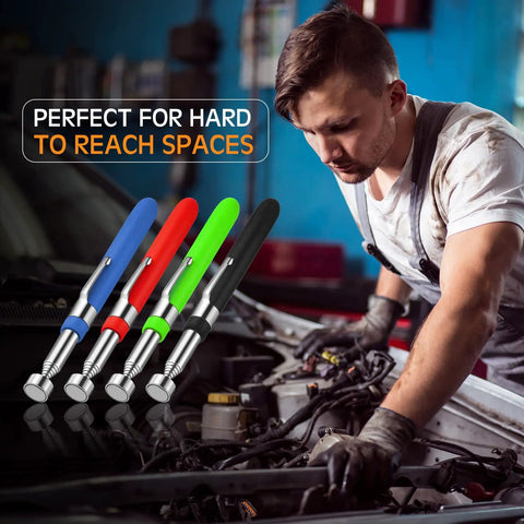Mechanic uses 4 Piece Telescoping Magnet Pickup Tool Set With Extendable Magnetic Sticks Grabber Four Color Assortment Black Blue Orange Green A Practical Gift For Men Dad Husband Handyman Mechanic 5 Lb.