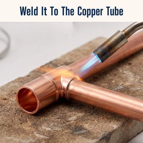 Welding a Premium Quarter Inch Straight Copper Pipe Fitting and Heavy Duty Coupling, visible flame for plumbing projects.