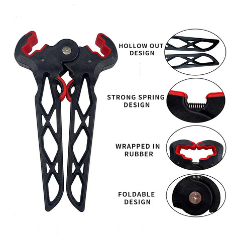 Folding Archery Bow Stand For Compound Bows With Non Slip Grip shown with hollow, spring, foldable design details