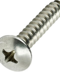 Close-up of Heavy Duty Stainless Steel Sheet Metal Screw with Truss Head Phillips Drive, part of 2500 pack for projects and builds.