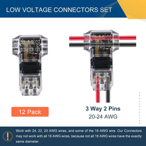 Low Voltage Wire Connectors Deliver Rock Solid Contact With Solderless No Stripping 3 Way T Tap 2 Pin Splice, 12-Pack