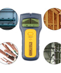 Electronic Finder Handheld Wall Scanner for Wood Metal Studs Detection with LED Alarm Detector showing LCD display and selection button.