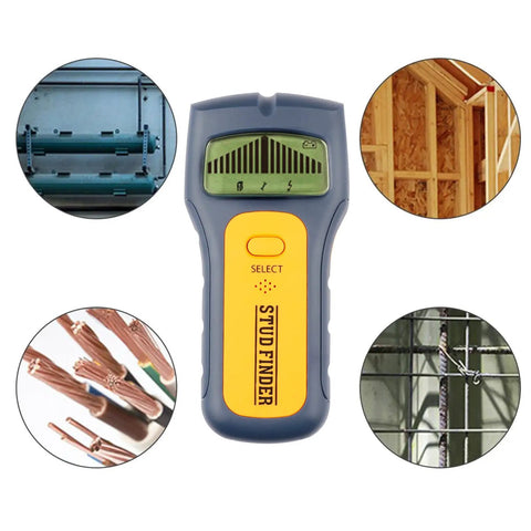 Electronic Finder Handheld Wall Scanner for Wood Metal Studs Detection with LED Alarm Detector showing LCD display and selection button.
