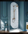 Antique Brass Shower Faucet Kit With Hand Spray And Tub Spout, 8 Inch Rain Shower Head, in elegant, classic bathroom setting.