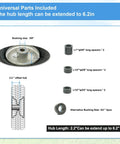 Diagram showing Two Pack 10x4.00-4 Pneumatic Wheel Set with steel rim, offset hub, and bushing size options for universal fit.