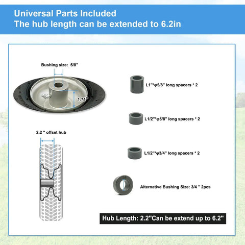 Diagram showing Two Pack 10x4.00-4 Pneumatic Wheel Set with steel rim, offset hub, and bushing size options for universal fit.