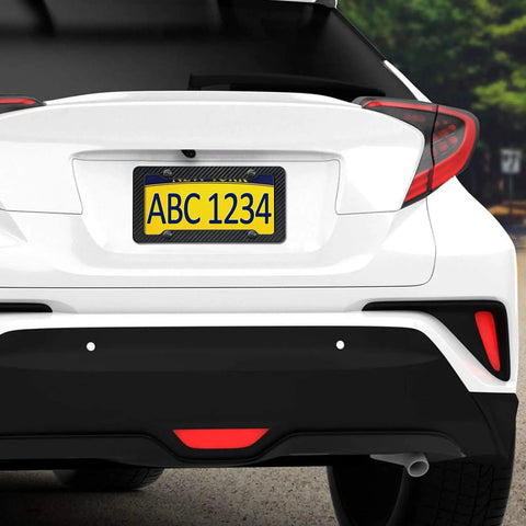 Slick Carbon Fiber Look License Plate Frame Set Black Carbon Pattern Plastic on rear of white car