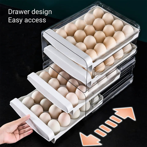 Double Layer Egg Storage Container For Refrigerator With Drawer Style Stackable Egg Holder Clear Plastic Tray Holds 40 Eggs Easy Access Fridge Organizer Keeps Eggs Fresh And Safe From Crushed, showing open drawers filled with eggs.