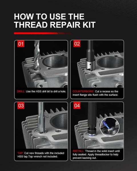 M11x1.25 Thread Repair Kit With 10 Solid 304 Stainless Inserts For Stripped Internal Threads In Engines, Automotive Parts, ATVs And Motorcycles, Beefy Stainless Steel Thread Saver For Quick And Reliable Repairs. Installation steps for drilling, counterboring, tapping, and insert fitting.