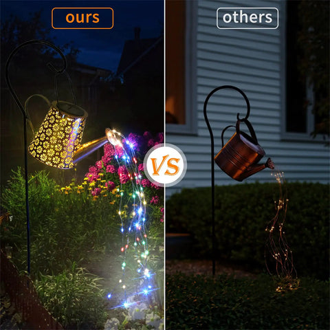 Comparison of two solar watering can lanterns, ours with colorful LED lights and a bronze finish, others with fewer lights.
