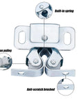 Close-up of 20 Piece Cabinet Door Latch And Catch Hardware Set, showing double roller latches with built-in spring, silver finish.
