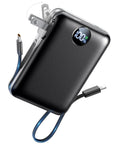 Hella Slick Compact Portable Charger 10000mAh Power Bank With Built In Usb C And Usb A Cables Plus AC Plug For Grab And Go Travel Everyday Carry Setup Gear, showing a sleek black design with foldable AC plug.