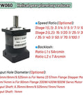 Rock Solid Nema 23 Planetary Gearbox With Helical Stepper Motor Reduction Unit 70 To 1 Ratio And 14Mm Shaft, showing input hole dimensions and speed ratios.