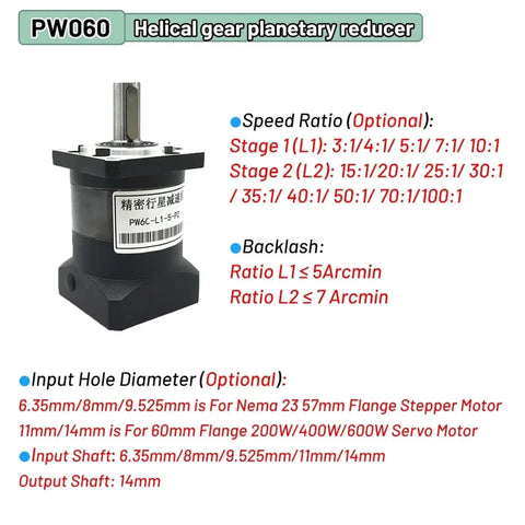 Rock Solid Nema 23 Planetary Gearbox With Helical Stepper Motor Reduction Unit 70 To 1 Ratio And 14Mm Shaft, showing input hole dimensions and speed ratios.
