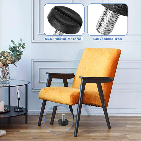 Chair with installed 12 Pack Adjustable Furniture Leveling Feet For Tables Chairs Cabinets And Desks Heavy Duty Screw On Levelers