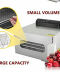 Six Layer Stainless Steel Food Dehydrator Dries Fruit Vegetable Jerky And Herbs Quick With 400W Power showing control panel and trays.