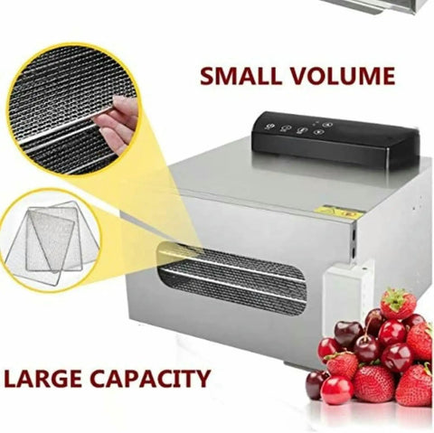 Six Layer Stainless Steel Food Dehydrator Dries Fruit Vegetable Jerky And Herbs Quick With 400W Power showing control panel and trays.