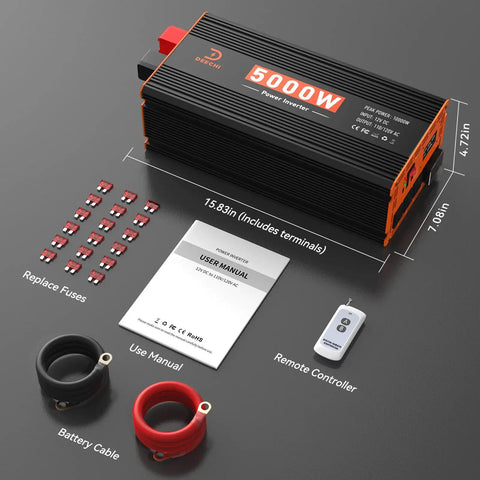 Heavy Duty 5000W Power Inverter Converts 12V DC To 120V AC With 3 AC Outlets And USB Type C Ports Built Different For RV Truck Boat Tailgating And Off Grid Solar Adventures with user manual and accessories.