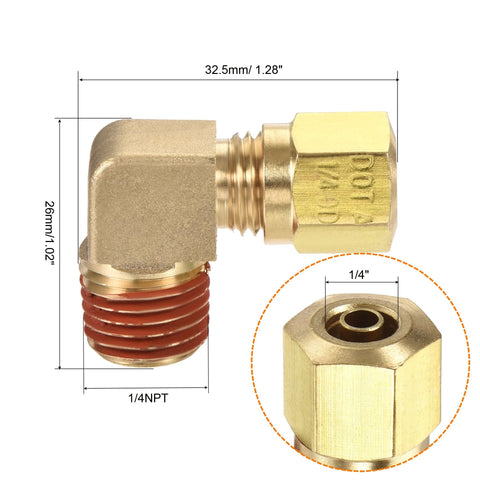 Brass 90-degree elbow compression fitting, 1/4 NPT to 1/4 in tube OD, hex nut, pack of 2