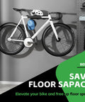 Space-Saving Bike Wall Mount Rack With Shelf And Hooks For Helmet, Shoes And Gear displaying a mounted white bike and accessories.