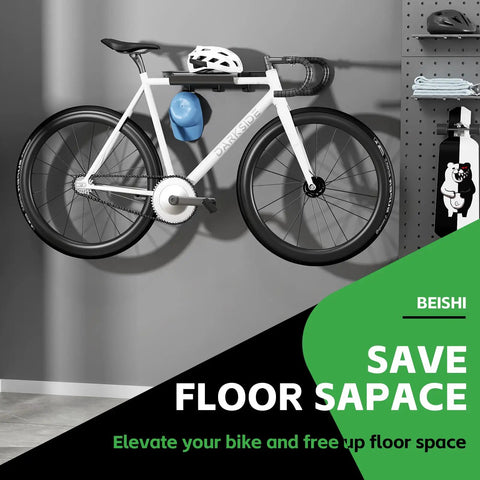 Space-Saving Bike Wall Mount Rack With Shelf And Hooks For Helmet, Shoes And Gear displaying a mounted white bike and accessories.