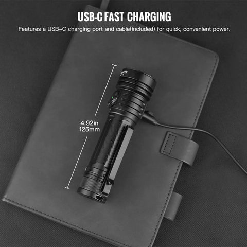 Rechargeable 4720 Lumen LED Flashlight With USB-C on leather background, showing 4.92in size and USB-C charging cable connected