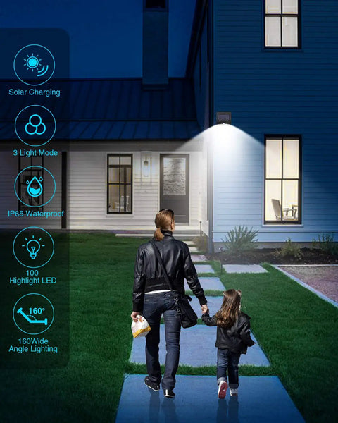 8 Pack Outdoor Motion Lights With 100 LEDs Solar Security Lights illuminating a front door, showcasing motion detection at night.