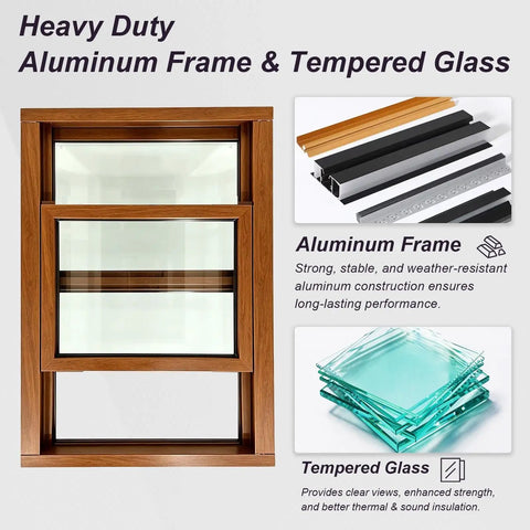 Heavy Duty Insulated Sliding Windows For Sheds Featuring Soundproof Tilt Glass And Warm Wood Grain Finish Smooth Flush Mount Replacement view showing aluminum frame and tempered glass.