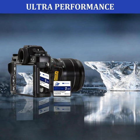 Built Different Rock Solid Compact Flash Memory Card 2GB Type I SLC NAND Industrial Grade Tough Storage For Vintage Cameras And Heavy Equipment Reliable FAT16 Format in camera insertion, blue background.