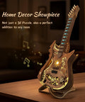 LED 3D Wooden Puzzle Guitar Kit With Lights Acoustic Model on display, glowing at night, showcasing musical notes, ideal for decor.