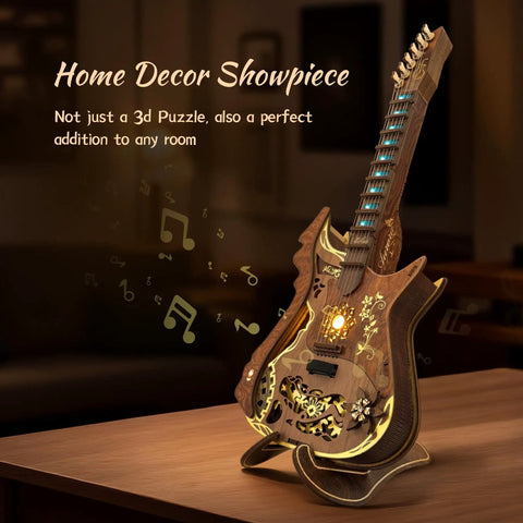 LED 3D Wooden Puzzle Guitar Kit With Lights Acoustic Model on display, glowing at night, showcasing musical notes, ideal for decor.
