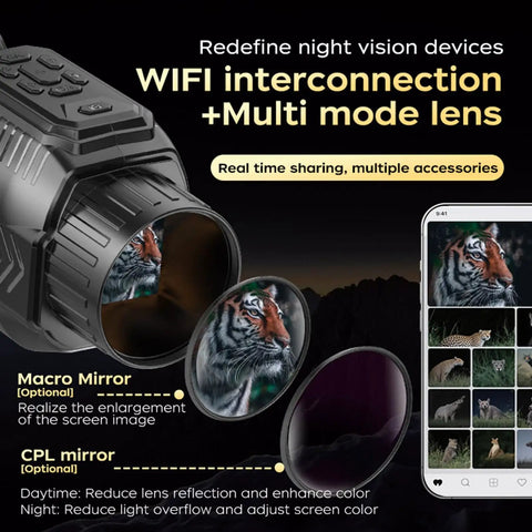 Thermal Imaging Monocular Night Vision Telescope With 64MP 28X Zoom displayed with macro and CPL mirror lenses and phone interface
