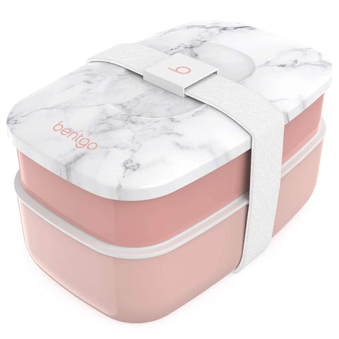 Three Compartment Adult Lunch Box With Built In Utensil Set And Sealing Strap For Meal Prep Grab And Go BPA Free Food Container Perfect For Work Or School In Blush Marble, closed view with sealing strap