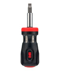 Front view of Stubby Ratcheting Screwdriver Kit With 14-In-1 Mini Bit Set Including Flathead, Hex, Torx, Square, And Pozidriv Tips Compact Black And Red Dope Handy Tool For Quick Fixes And Electronics Projects