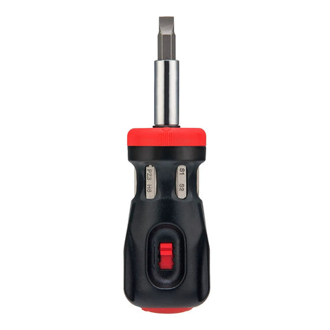Front view of Stubby Ratcheting Screwdriver Kit With 14-In-1 Mini Bit Set Including Flathead, Hex, Torx, Square, And Pozidriv Tips Compact Black And Red Dope Handy Tool For Quick Fixes And Electronics Projects