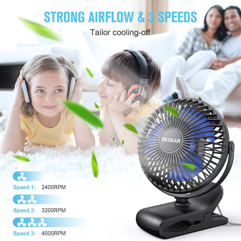 USB Clip On Desk Fan With Sturdy Clamp Tiny But Mighty Portable Personal Fan Corded Power 3 Speeds shown in living room setting