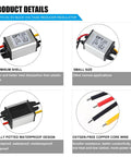 3 Pack Buck Converter 12V To 6V DC Step Down Regulator For Cars Trucks Boats Beefy Aluminum Shell Waterproof Power Supply Module 3A 18W Built For Automotive And Marine Use With Low Heat Output, showing aluminum shell and wire core details