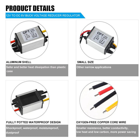 3 Pack Buck Converter 12V To 6V DC Step Down Regulator For Cars Trucks Boats Beefy Aluminum Shell Waterproof Power Supply Module 3A 18W Built For Automotive And Marine Use With Low Heat Output, showing aluminum shell and wire core details