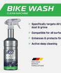 All Purpose Bike Wash Gel For Bicycles And E-Bikes That Lifts Dirt And Grime From All Surfaces, No Run Formula Keeps Your Finish Shiny, Dries Clean, And Makes Next Washes Faster And Easier, Great For Brakes, Drivetrain, And Wheels. Spray bottle bike wash cleaner